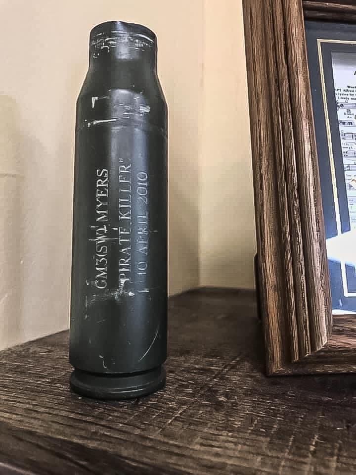 Engraved shell casing: GM3(SW) Myers — Pirate Killer — 10 April 2010