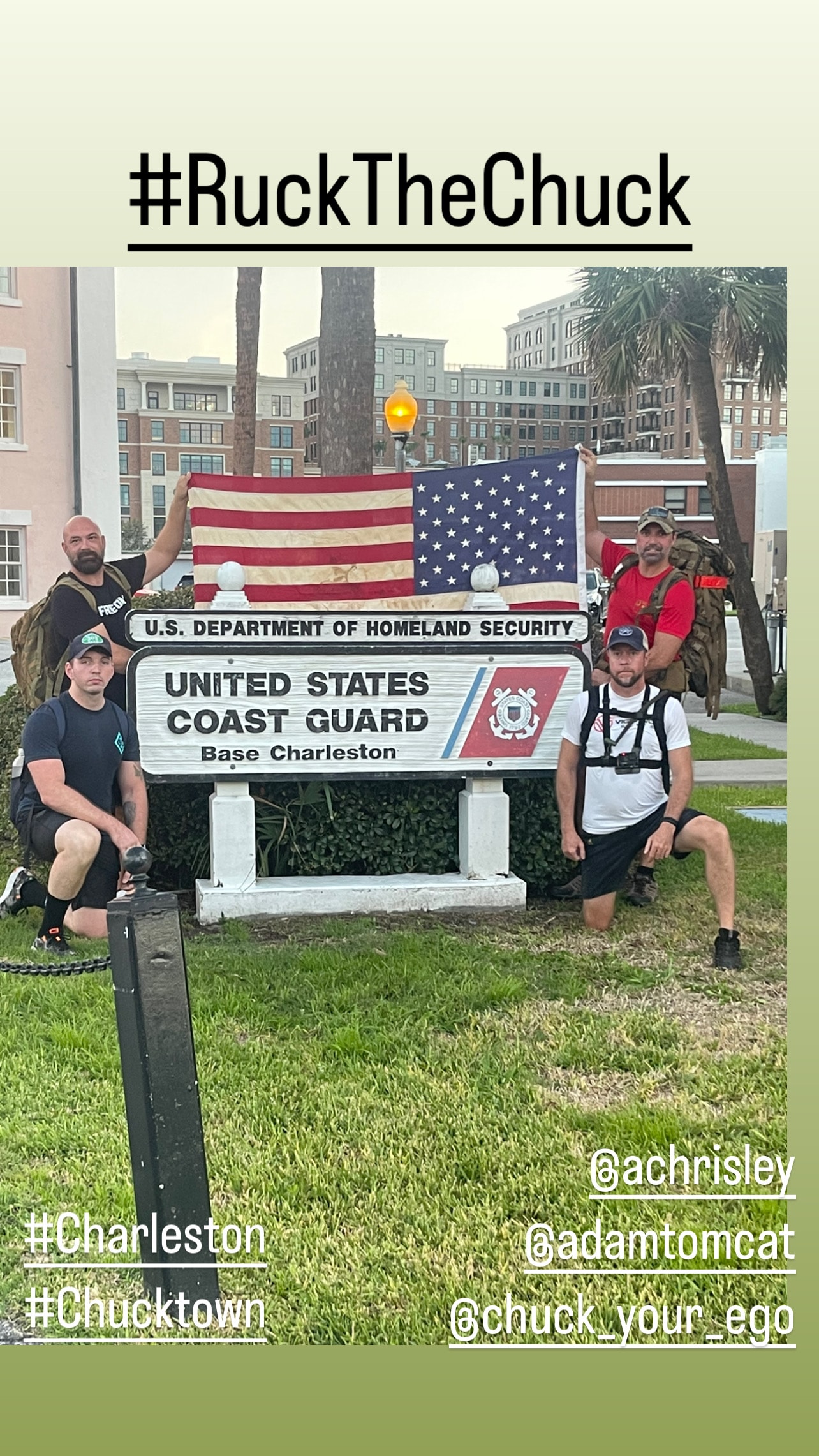 Ruck the Chuck crew at Coast Guard Base Charleston holding an American flag